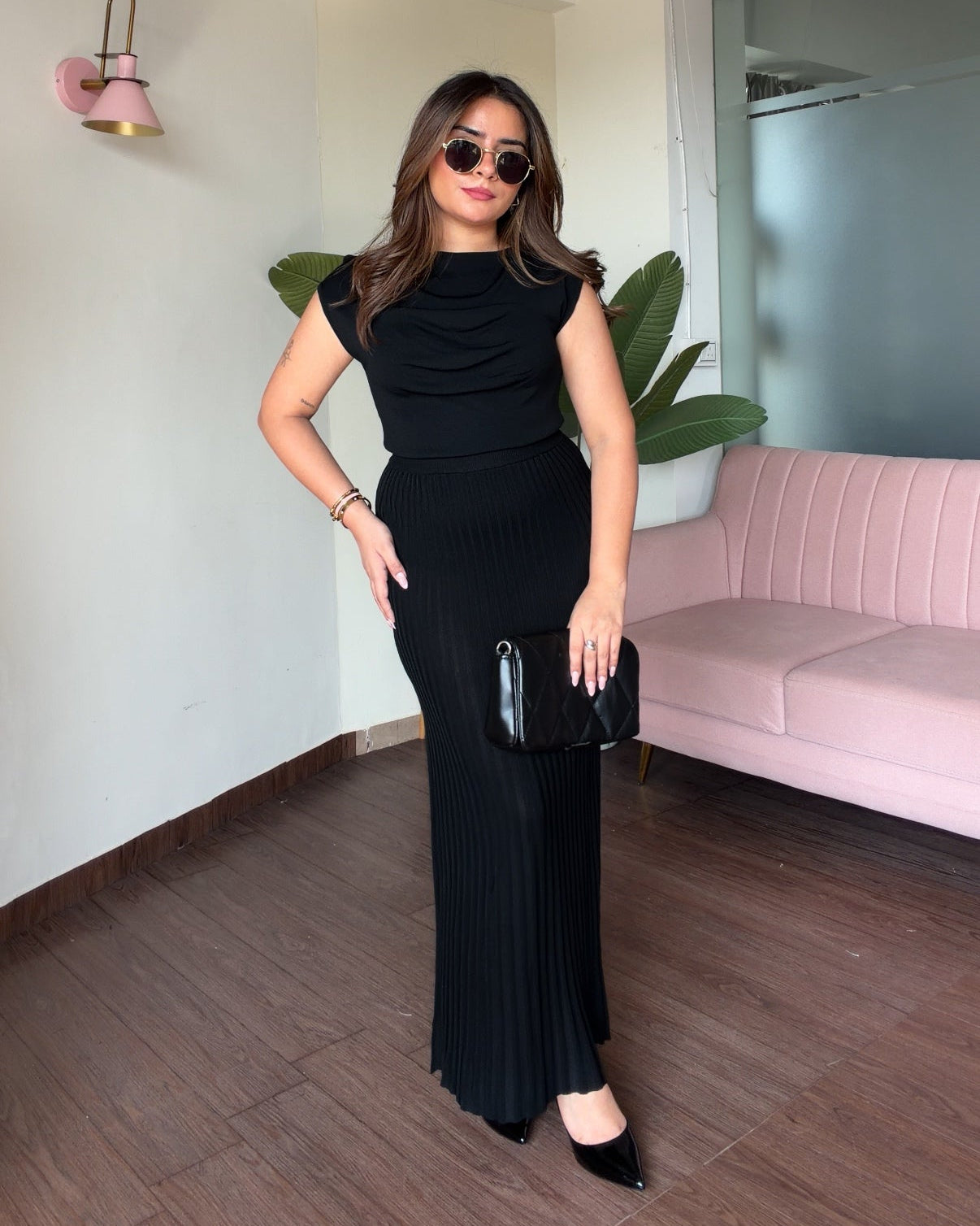 Cowl Neck Top And Pleated Midi Skirt Co-ord Set