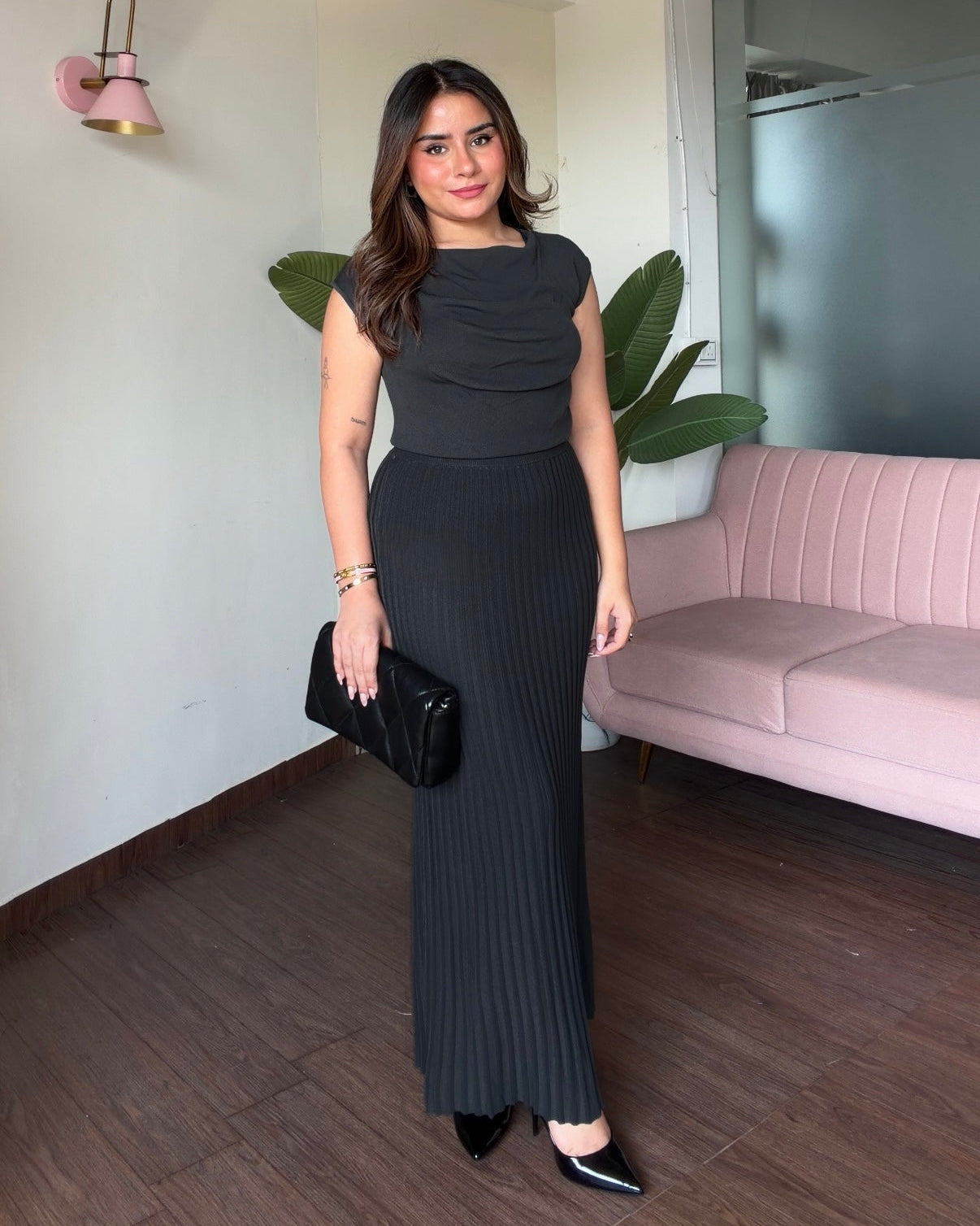 Cowl Neck Top And Pleated Midi Skirt Co-ord Set