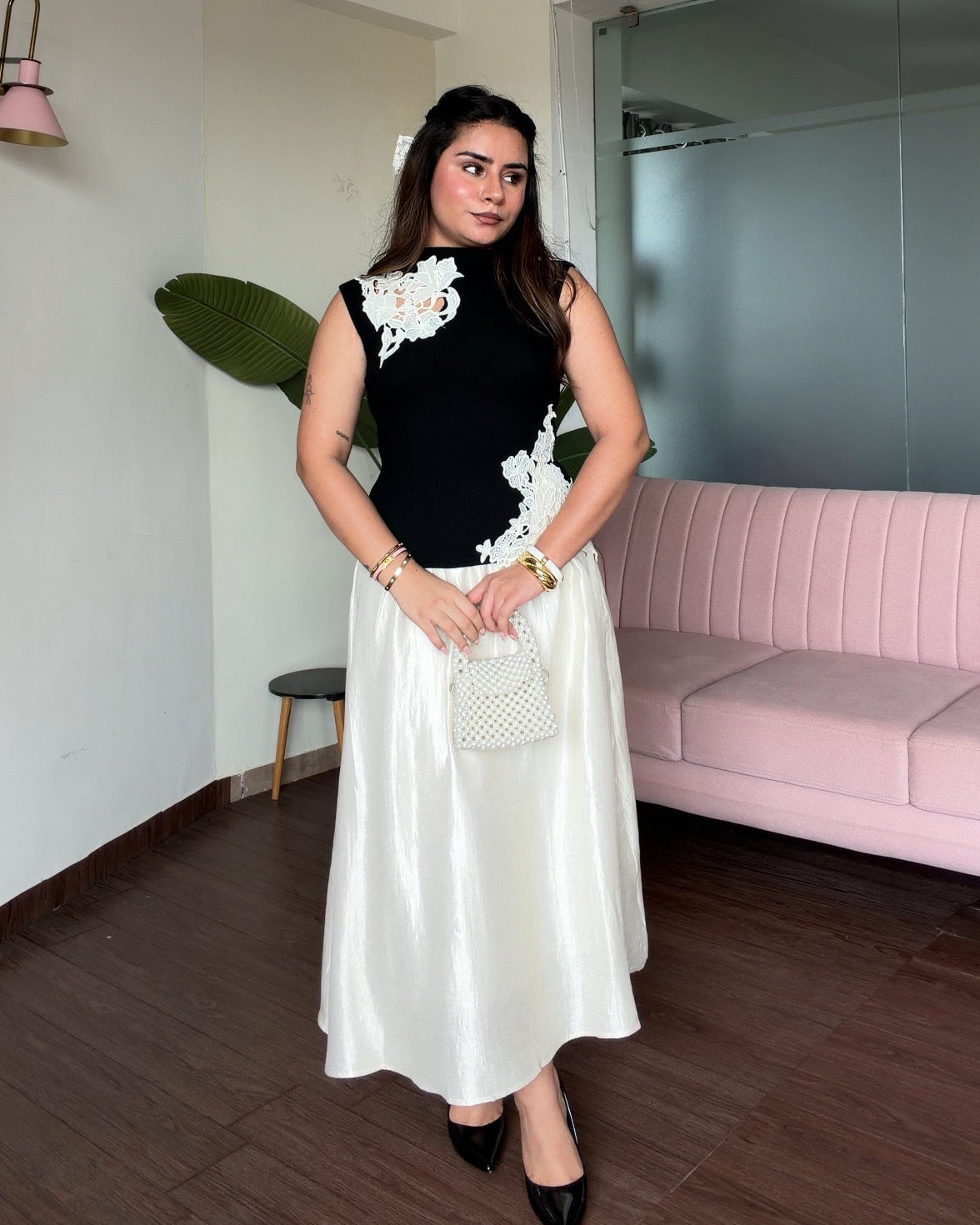 Cream Cut Work Detailing Flared Skirt Co-ord Set