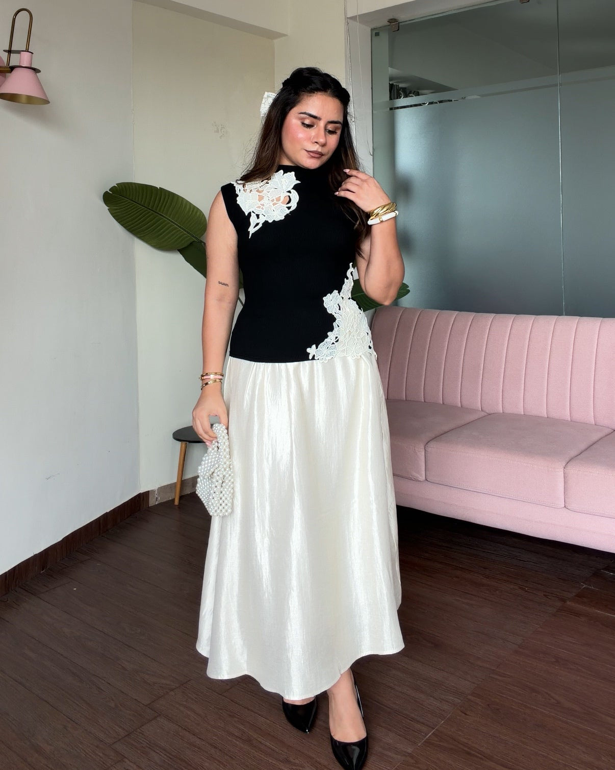 Cream Cut Work Detailing Flared Skirt Co-ord Set