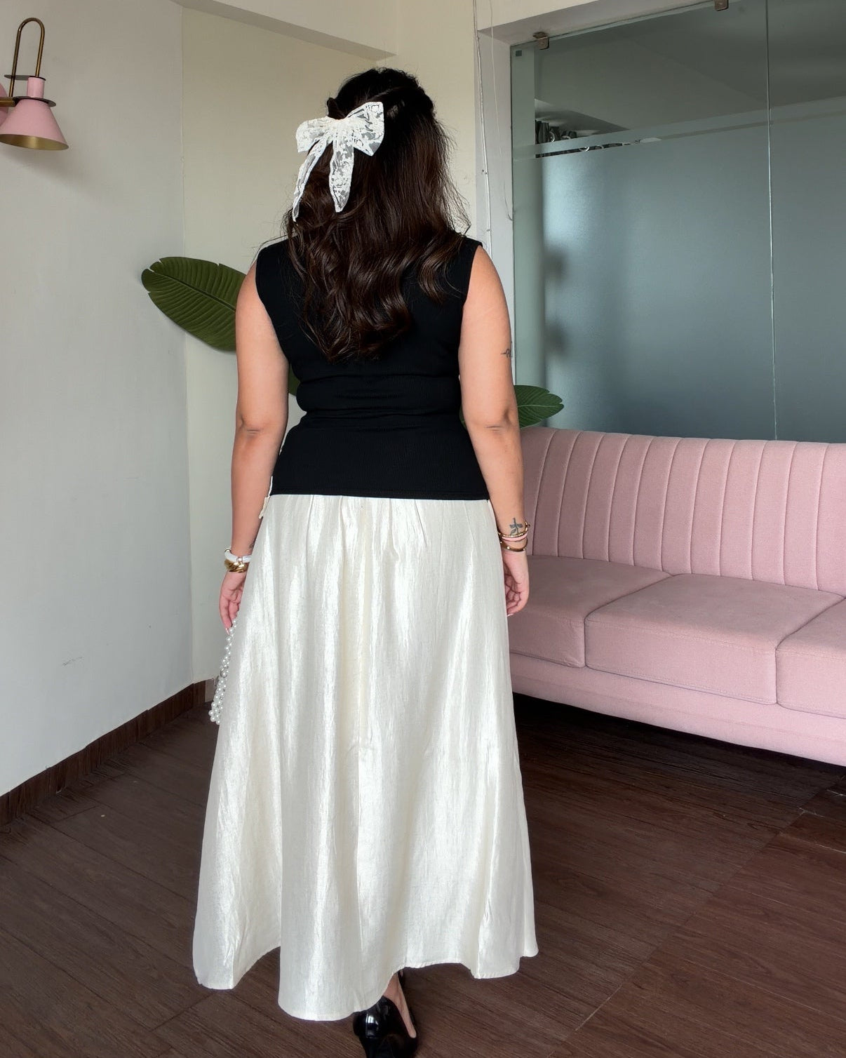 Cream Cut Work Detailing Flared Skirt Co-ord Set