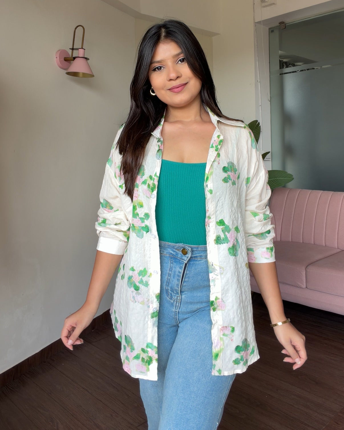 Cream Floral Detailing Summer Relaxed Fit Shirt With Cami Top