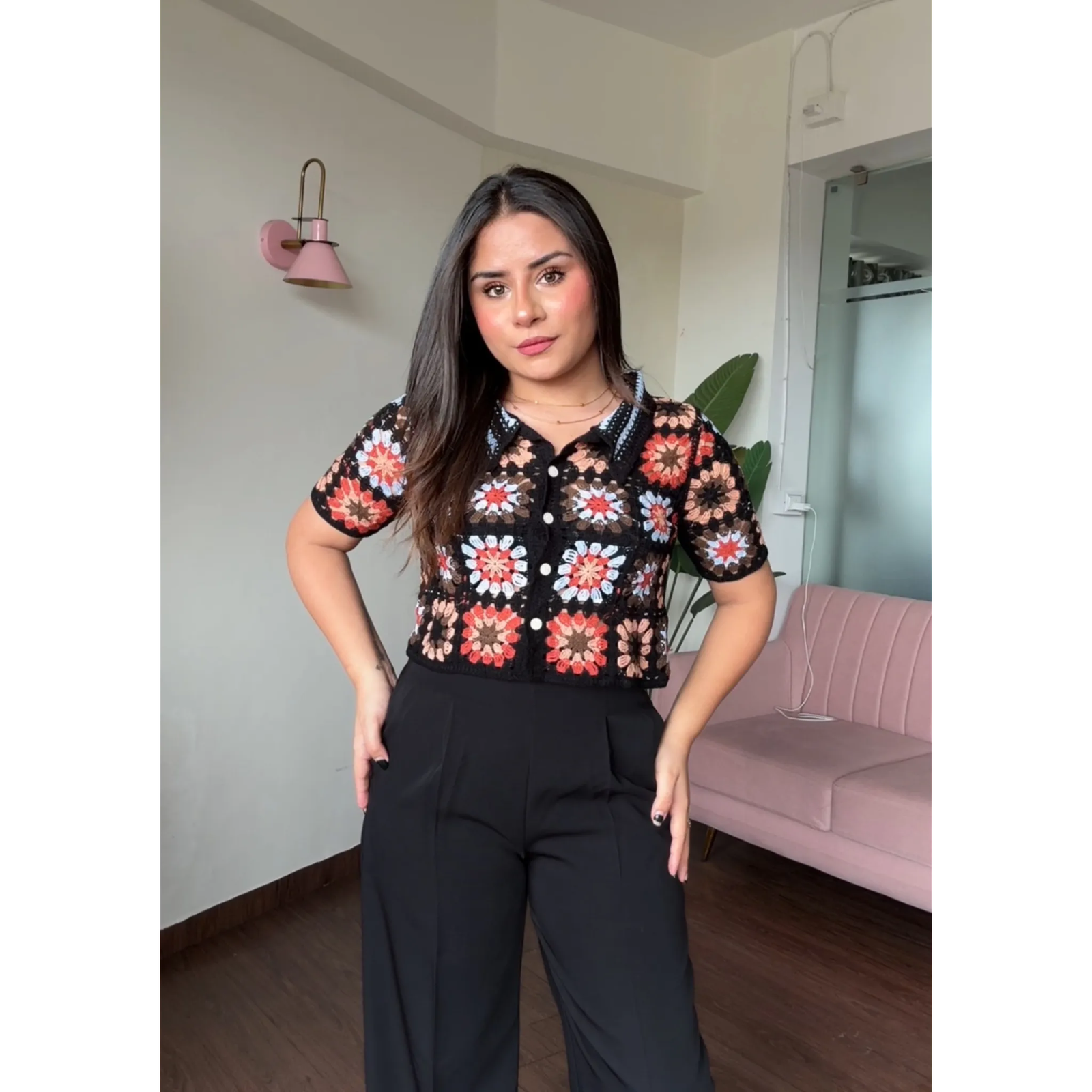 Crochet Patch Work Cropped Button Up Top