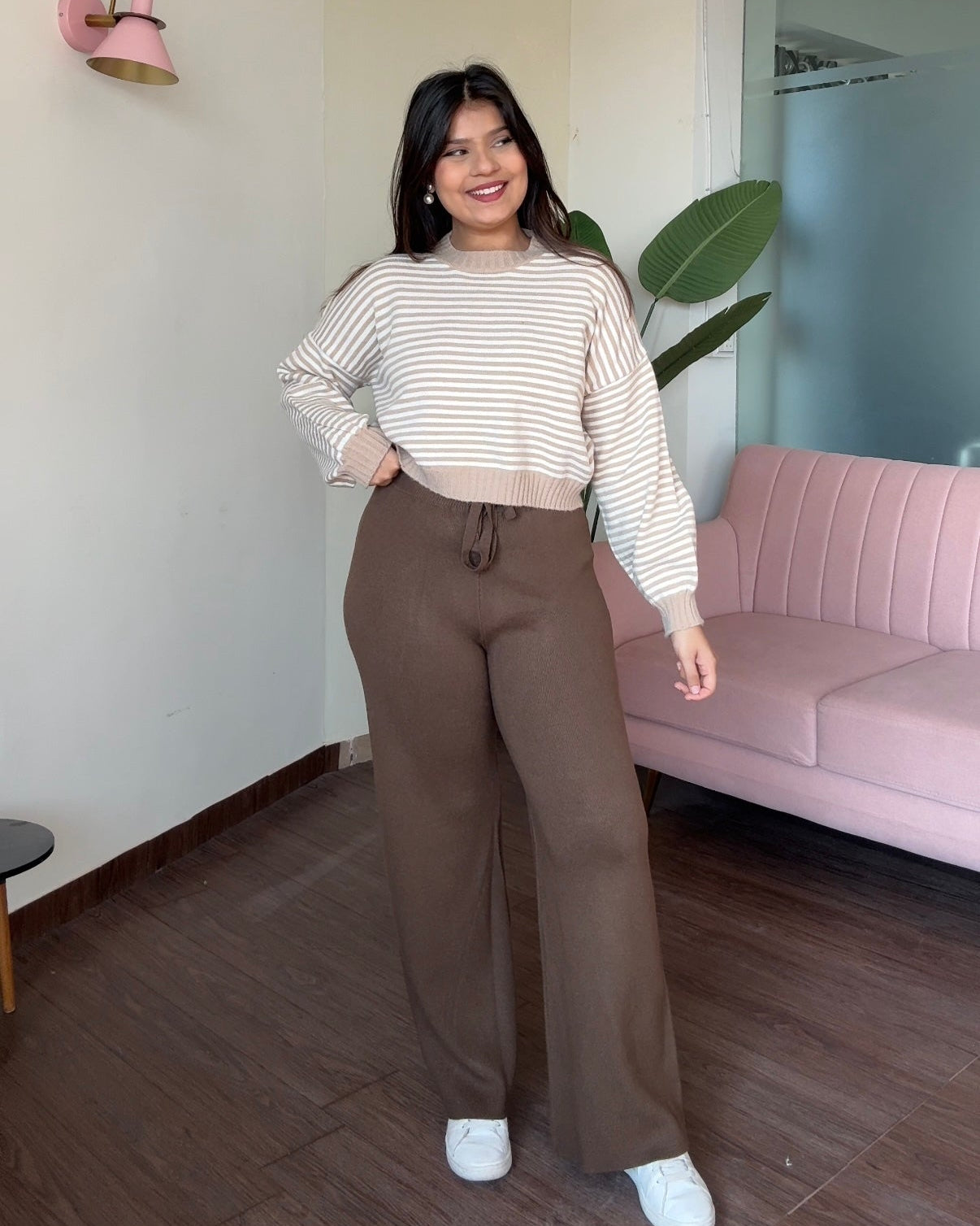 Cropped Stripped Sweater Woollen Pajama Set