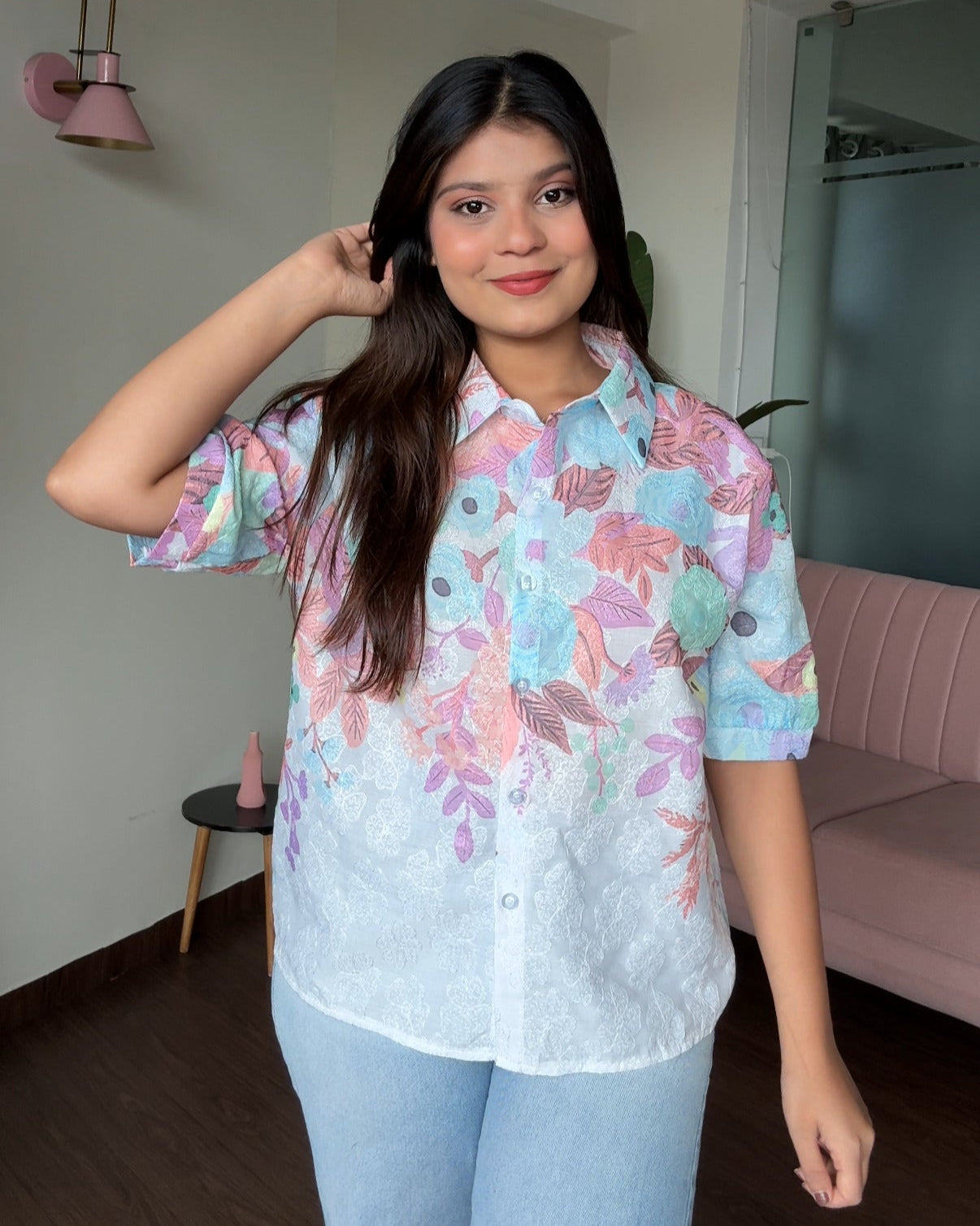 Cut Sleeve Floral Detailing Collared Summer Shirt