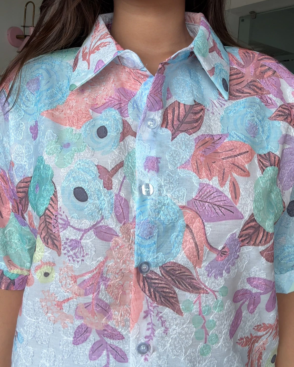 Cut Sleeve Floral Detailing Collared Summer Shirt