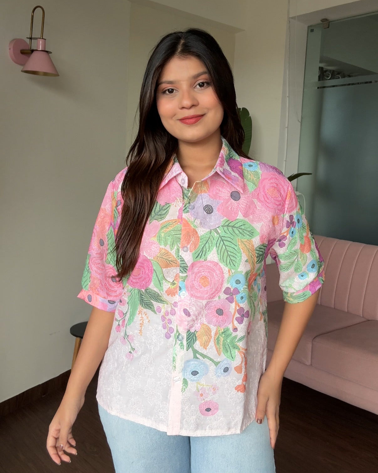 Cut Sleeve Floral Detailing Collared Summer Shirt