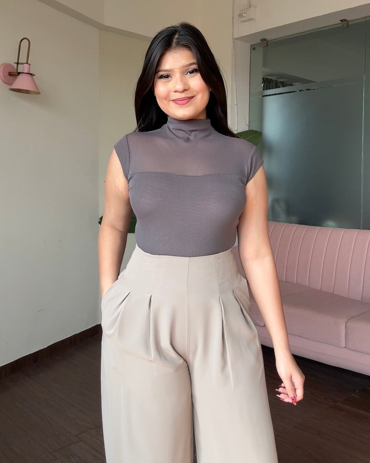 Cut Sleeve High Neck Mesh Top