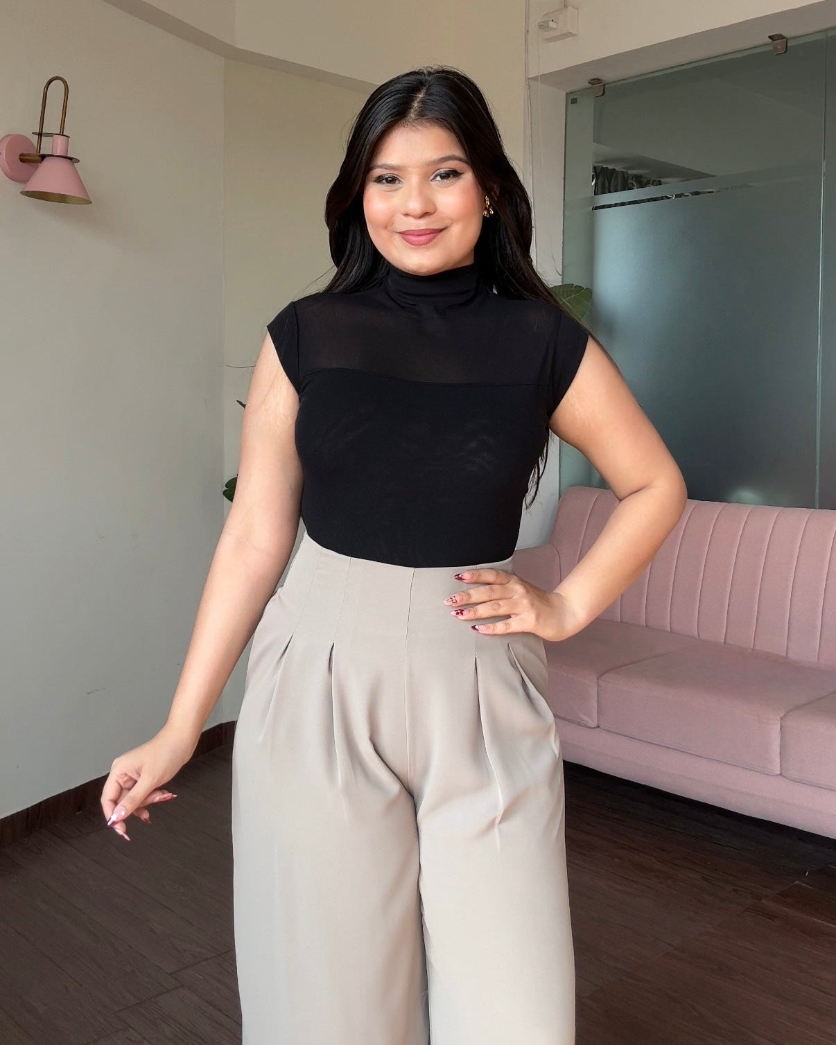 Cut Sleeve High Neck Mesh Top