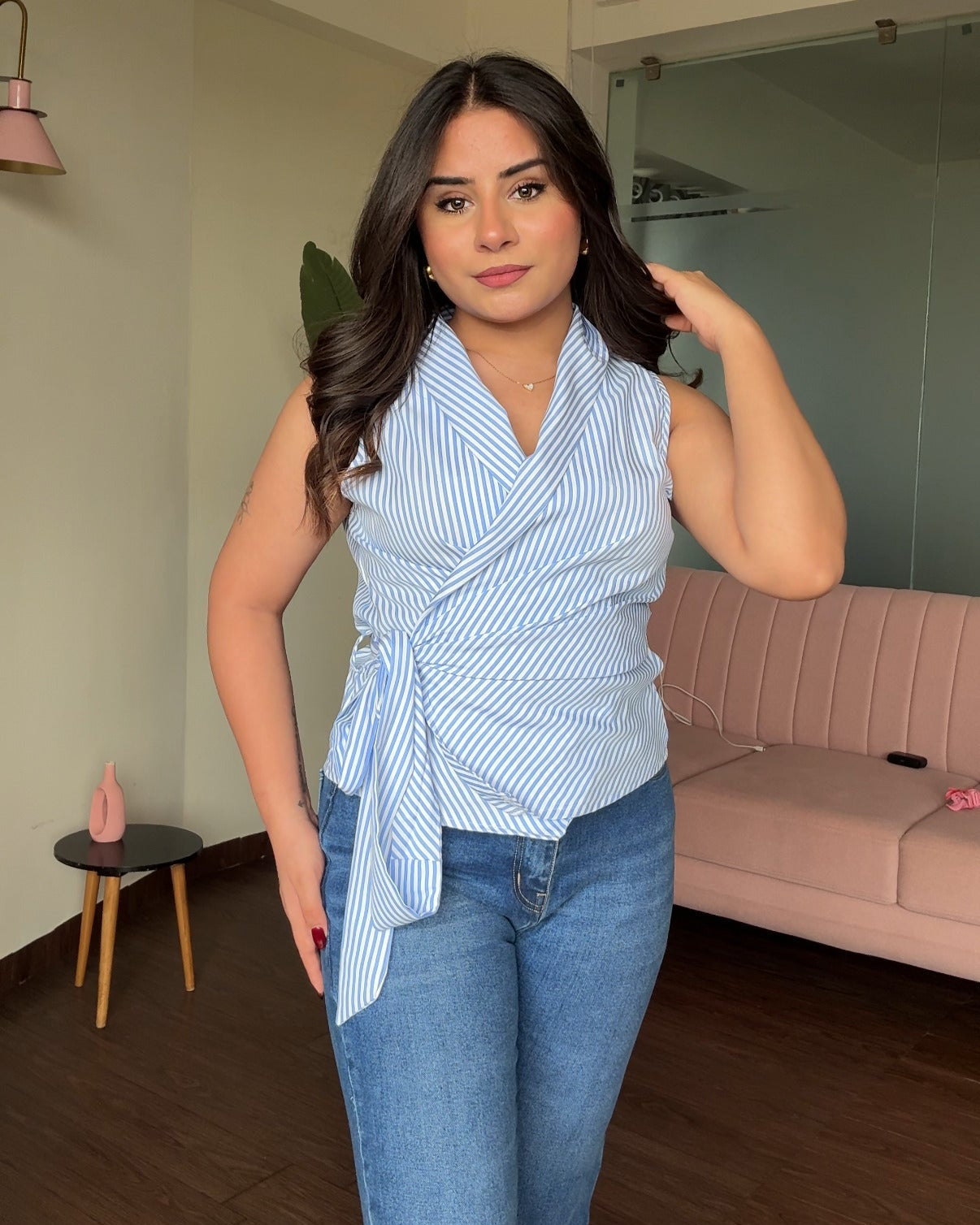 Cut Sleeve Striped Wrap Up Top