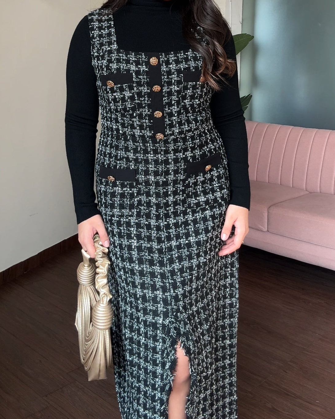 Cut Sleeve Tweed Midi Dress With Inner
