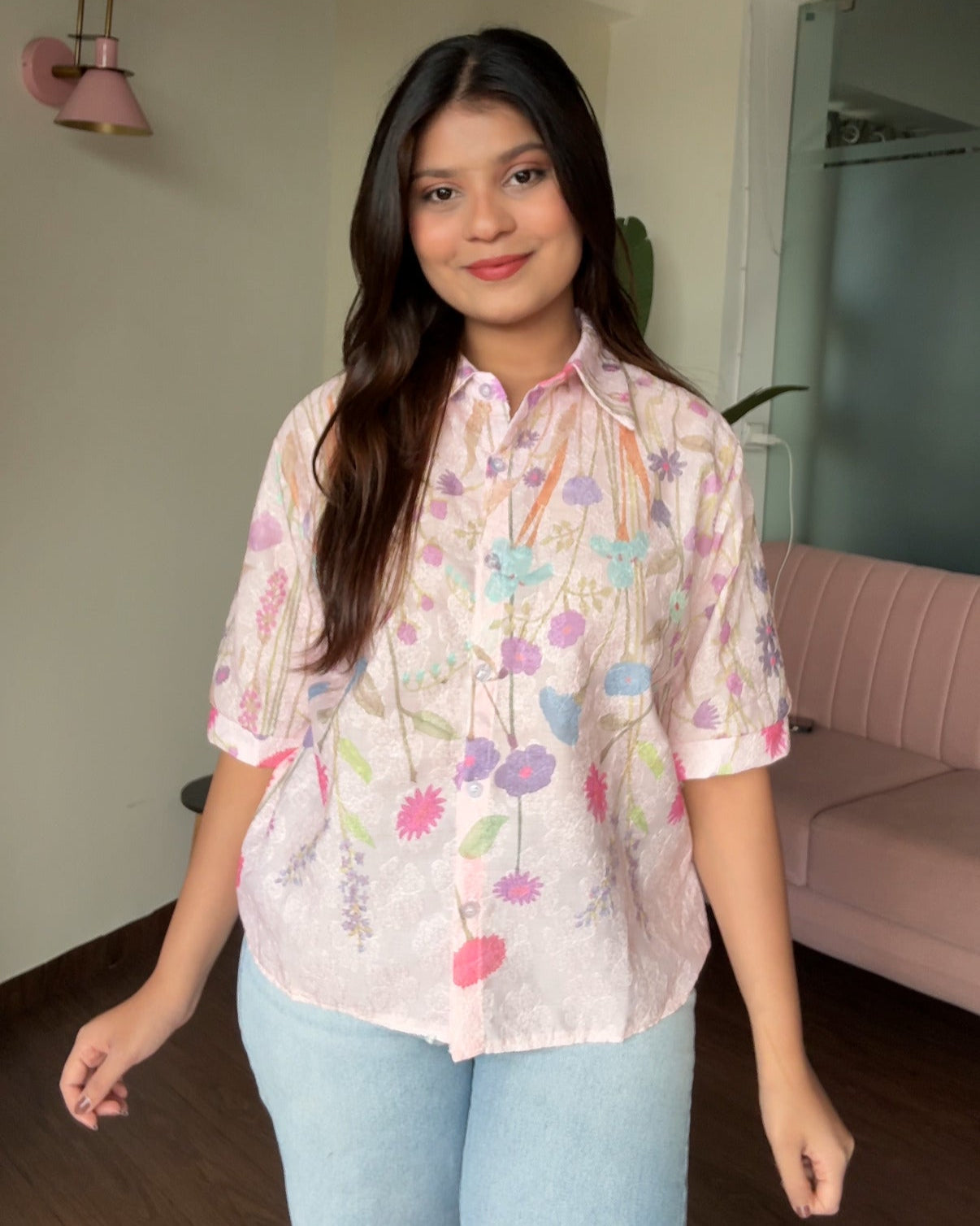 Cut Sleeves Minimal Embroidery Floral Detailing Button Up Shirt