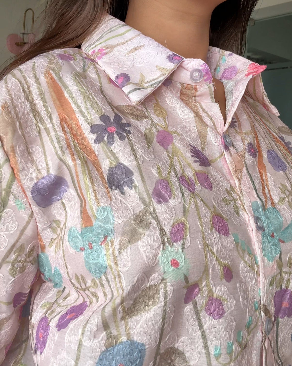 Cut Sleeves Minimal Embroidery Floral Detailing Button Up Shirt