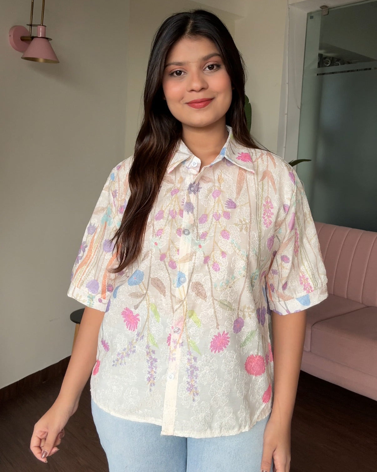 Cut Sleeves Minimal Embroidery Floral Detailing Button Up Shirt