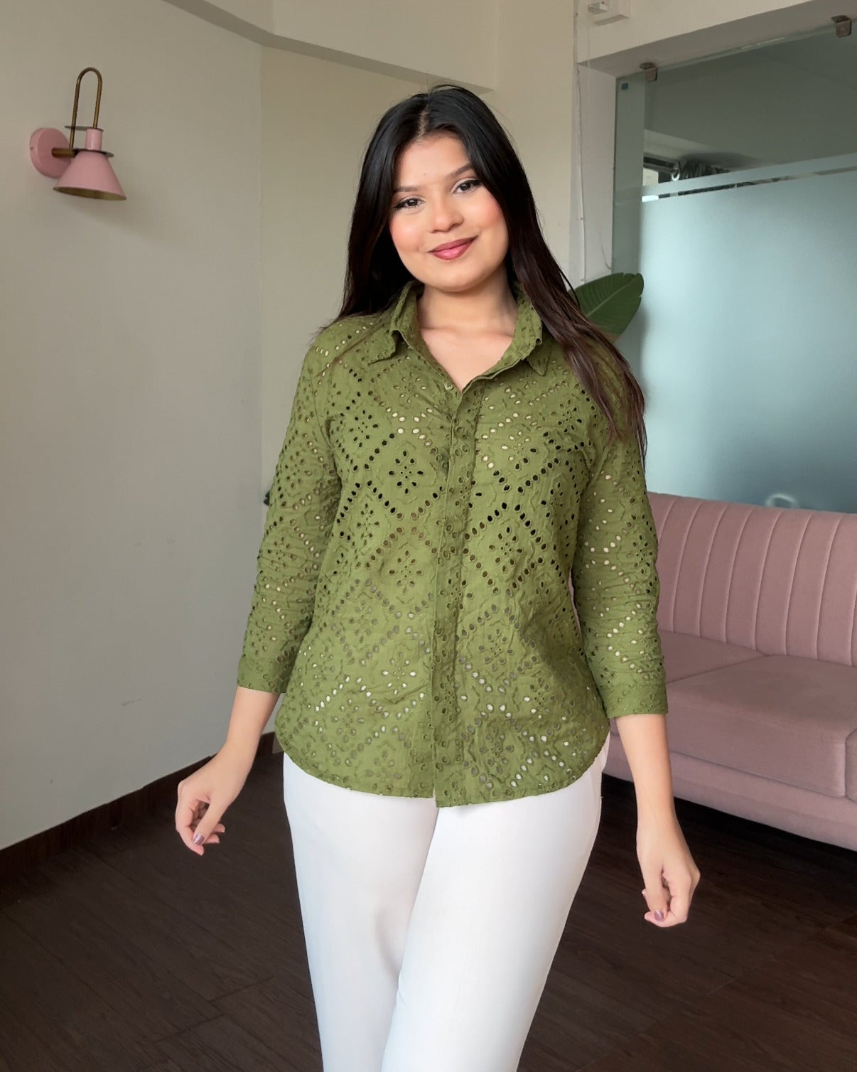 Cut Work Basic Olive Shirt
