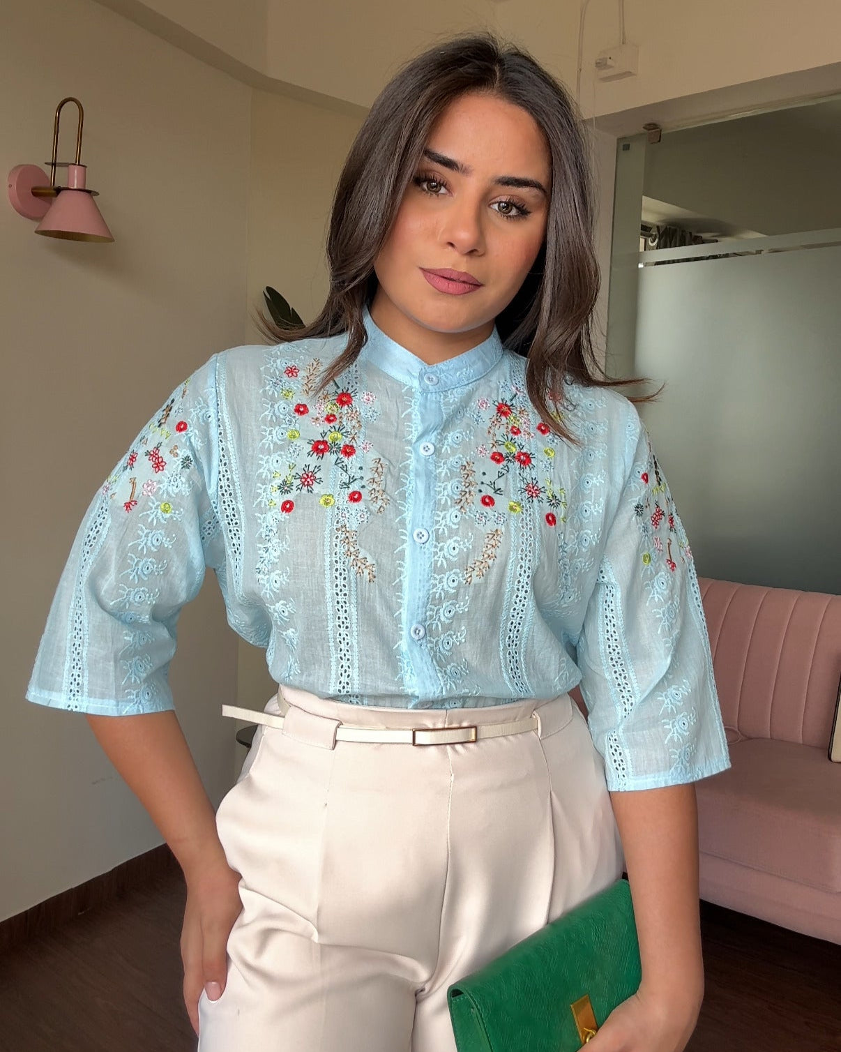 Cut Work China Collared Cut Sleeves Embroidered Cotton Shirt