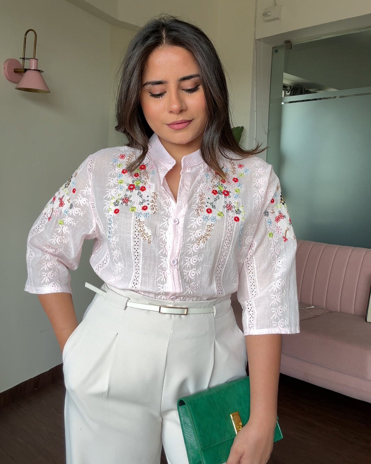 Cut Work China Collared Cut Sleeves Embroidered Cotton Shirt