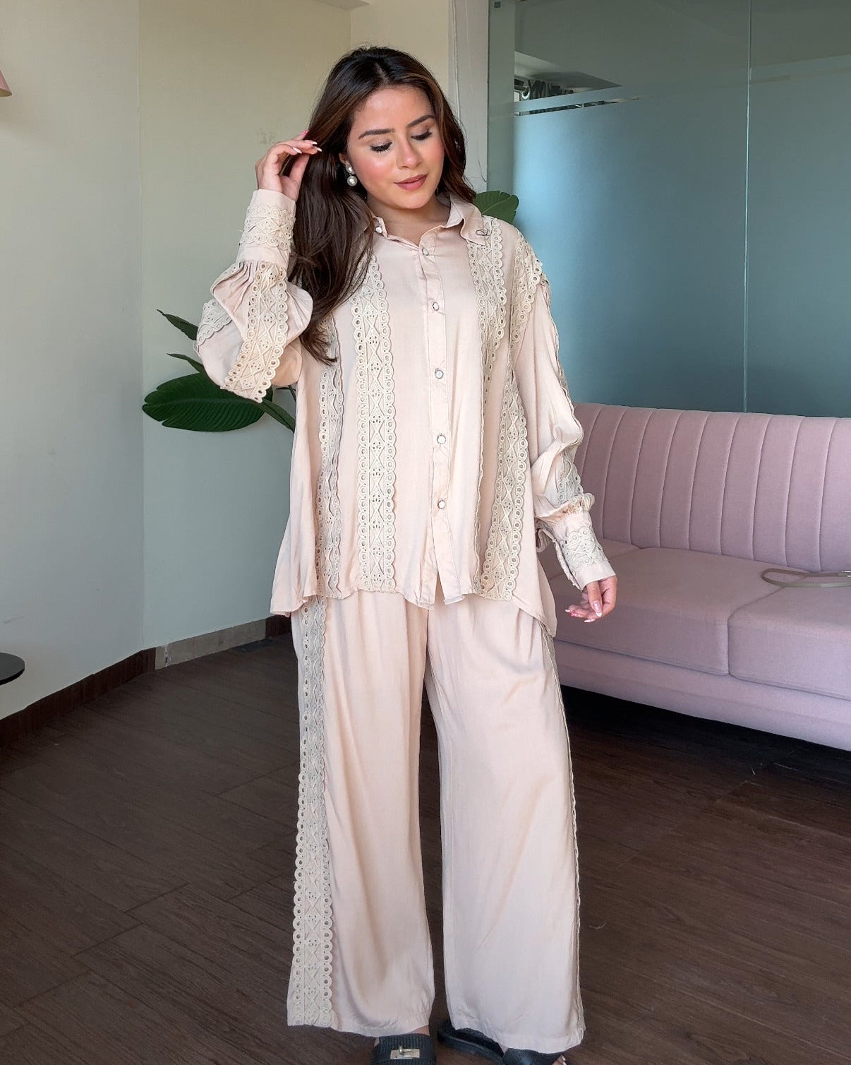 Cut Work Lace Detailing Baggy Fit Cotton Co-ord Set