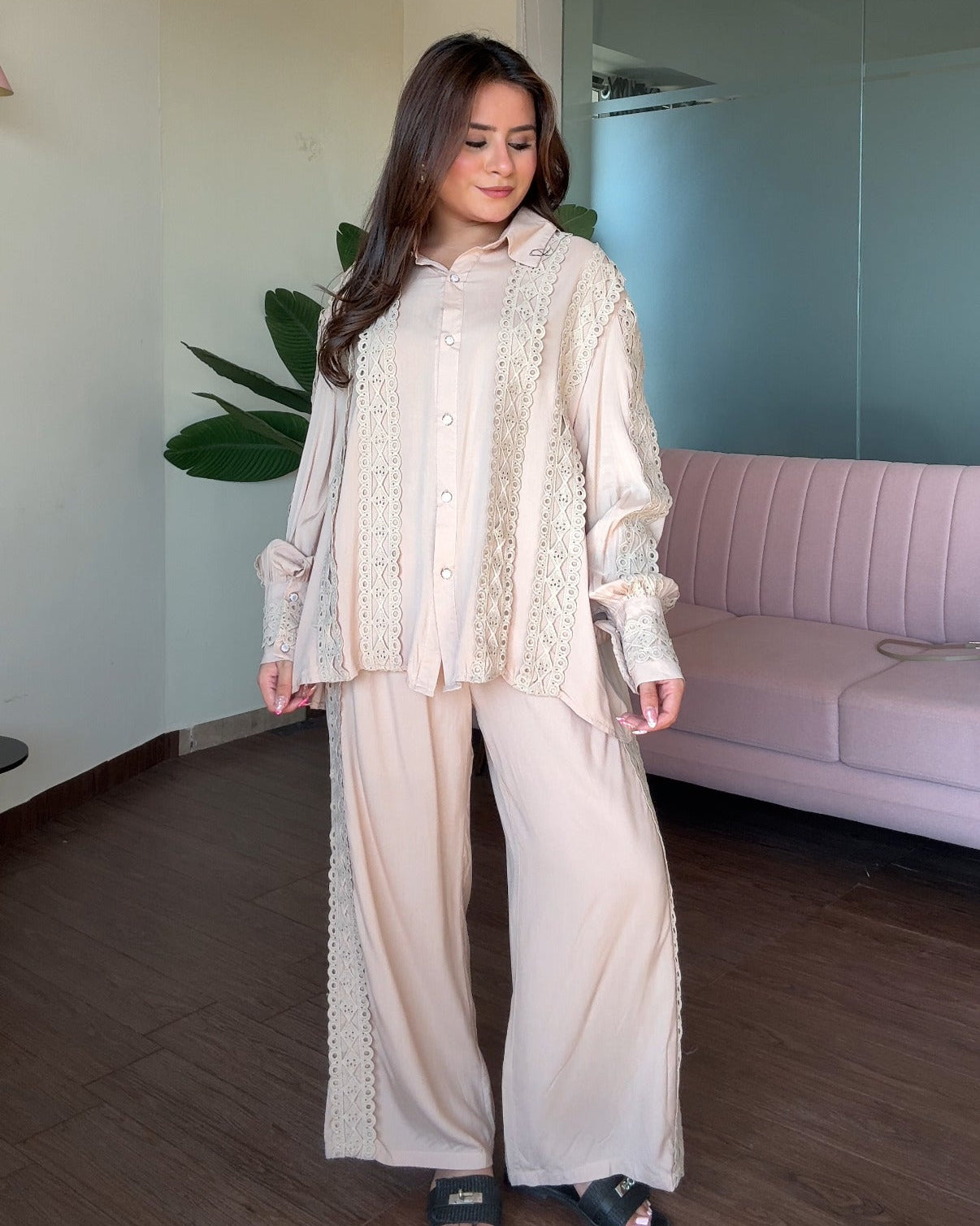 Cut Work Lace Detailing Baggy Fit Cotton Co-ord Set