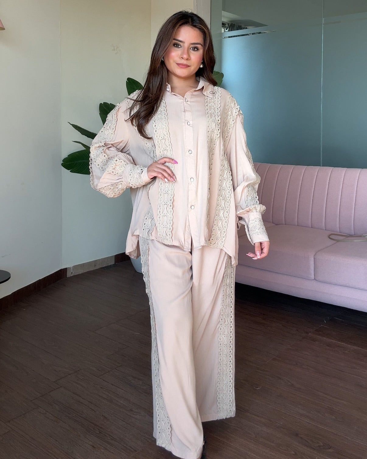 Cut Work Lace Detailing Baggy Fit Cotton Co-ord Set