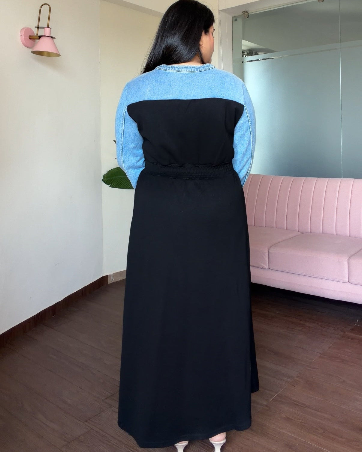 Denim Contrast Detailing Waist Adjustable Midi Flared Dress