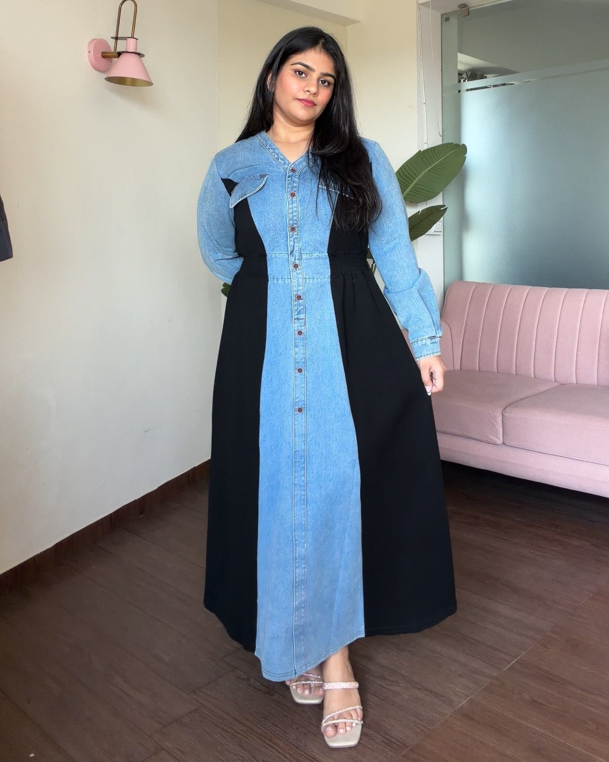 Denim Contrast Detailing Waist Adjustable Midi Flared Dress