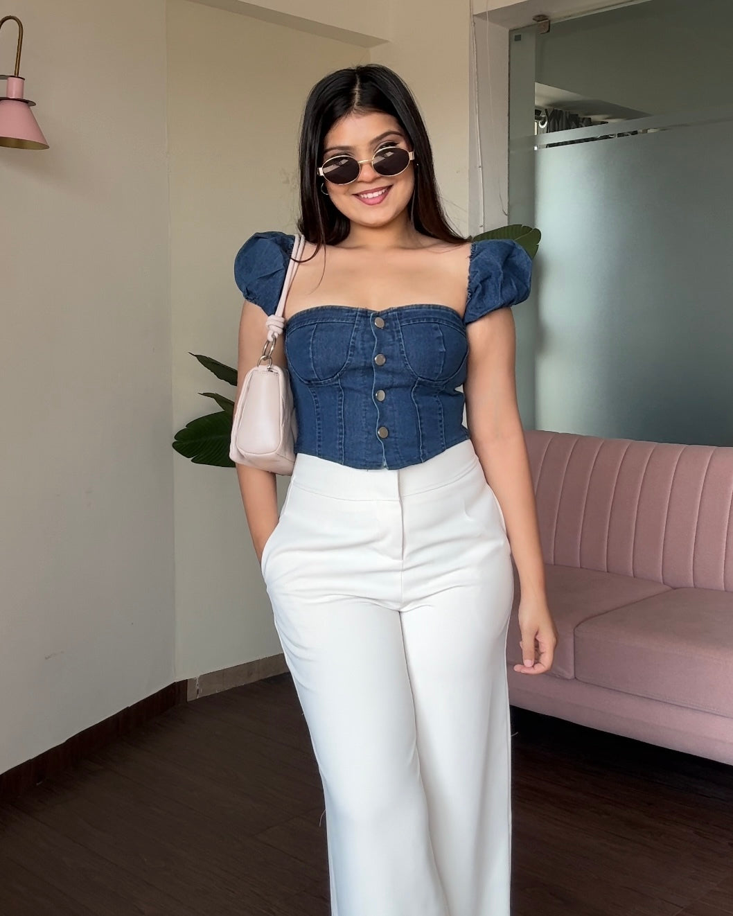 Denim Corset Inspired Puff Sleeve Fitted Top