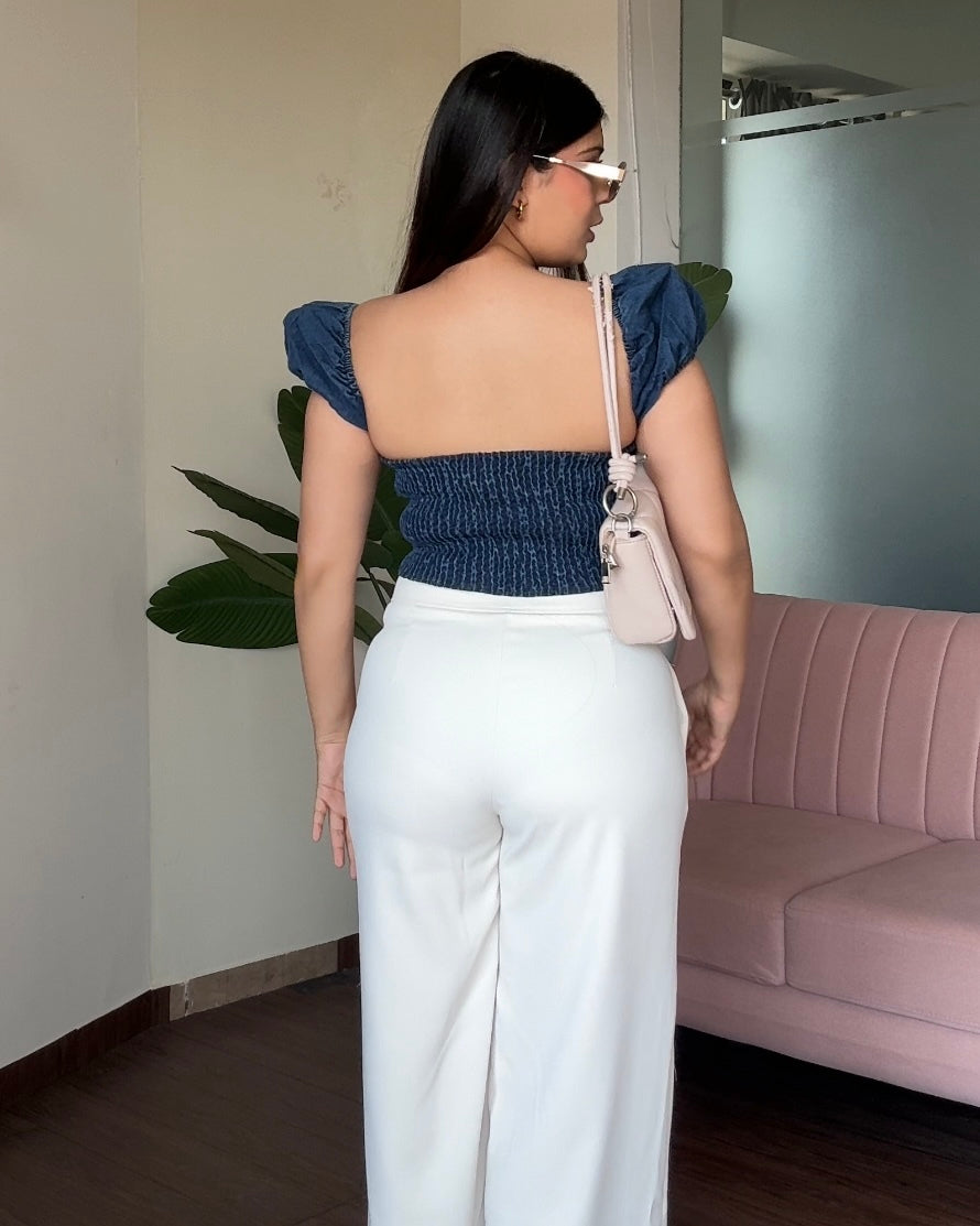 Denim Corset Inspired Puff Sleeve Fitted Top