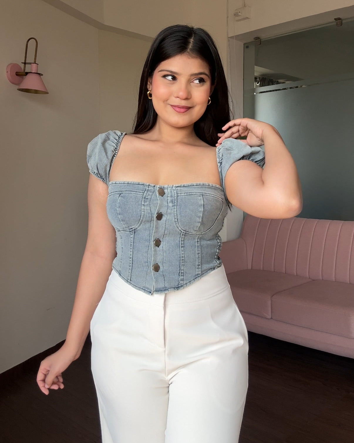 Denim Corset Inspired Puff Sleeve Fitted Top