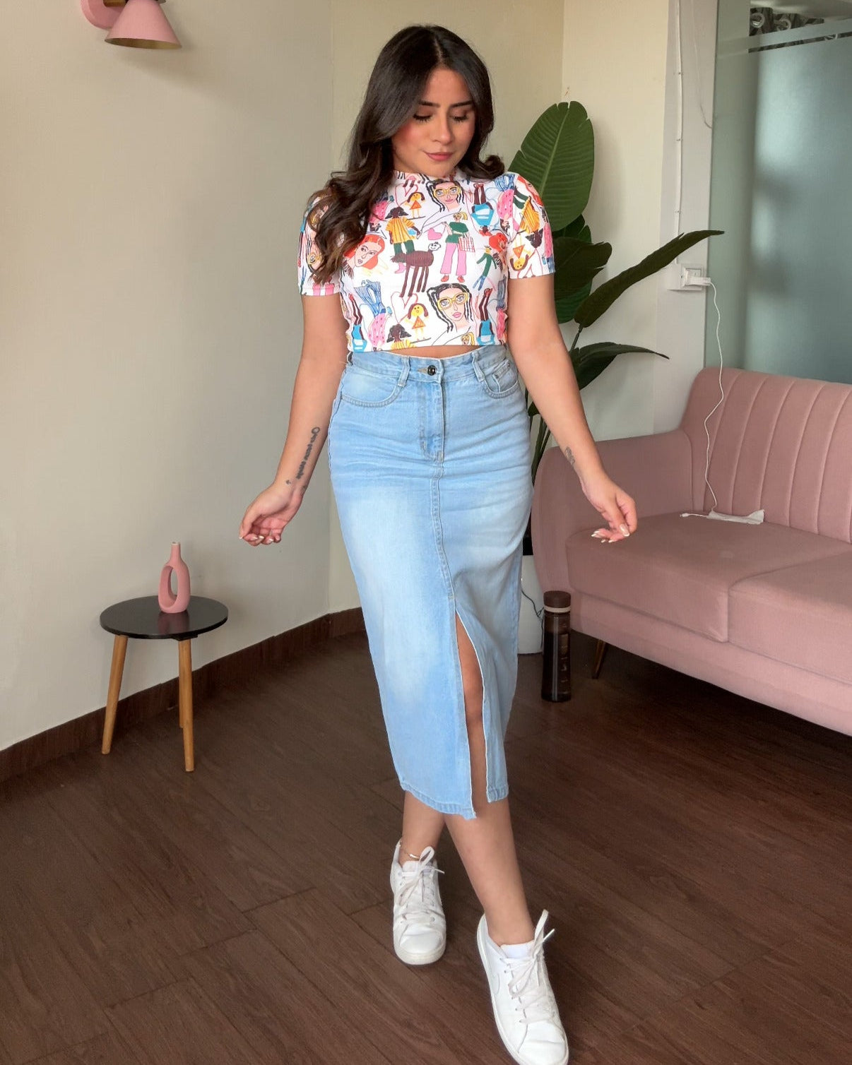Denim Midi Skirt With Front Slit