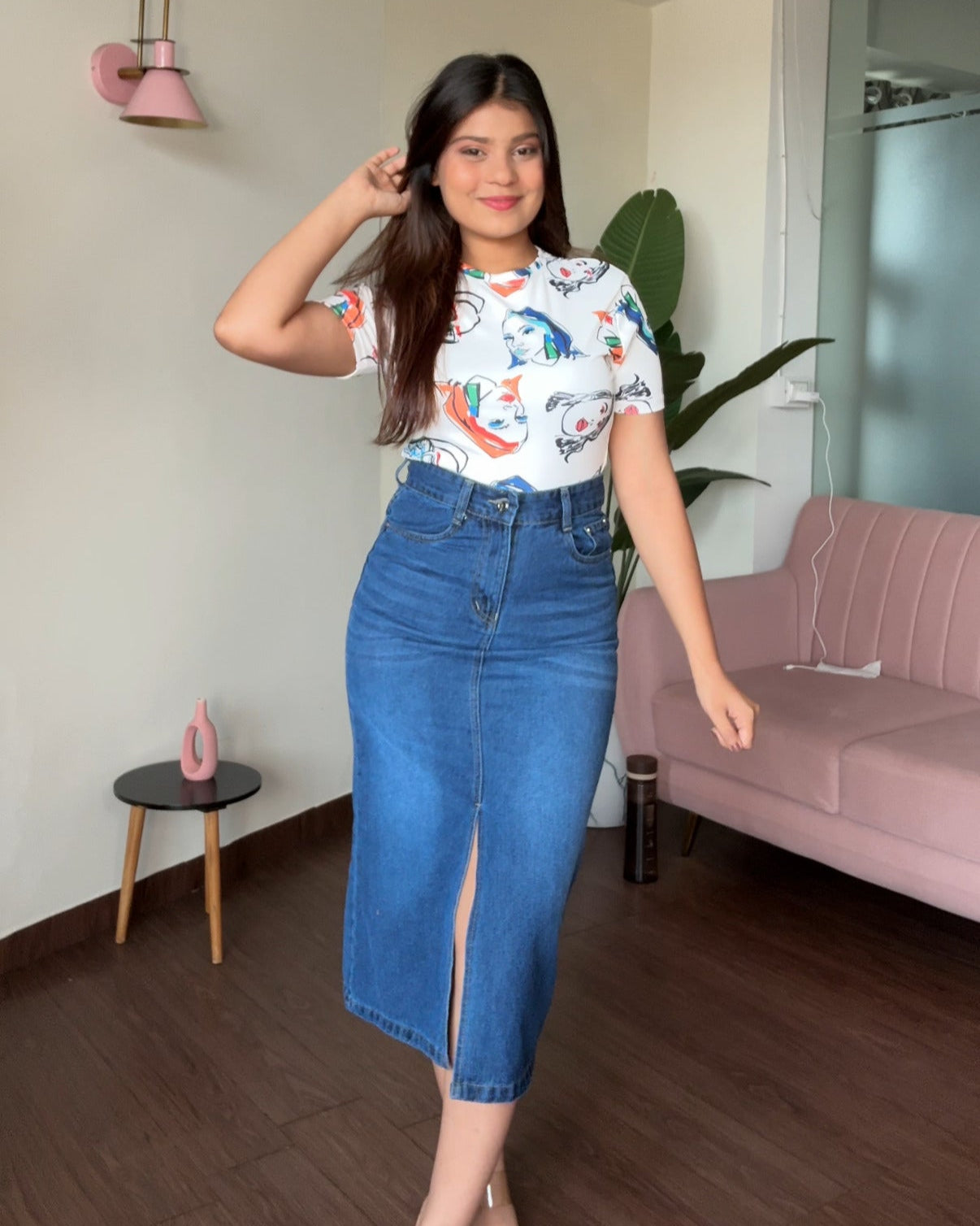 Denim Midi Skirt With Front Slit