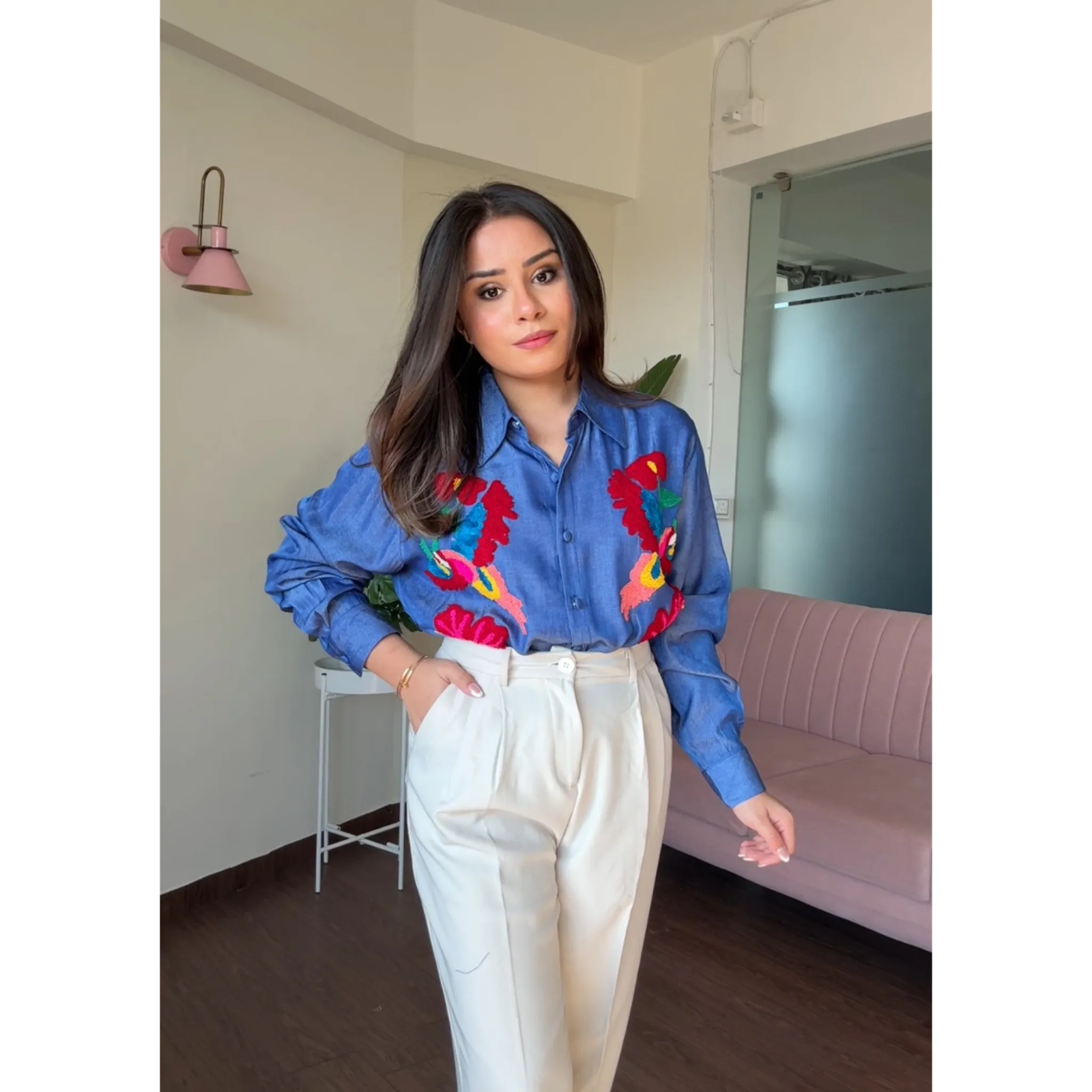 Denim Multicolor Embroidery Shirt