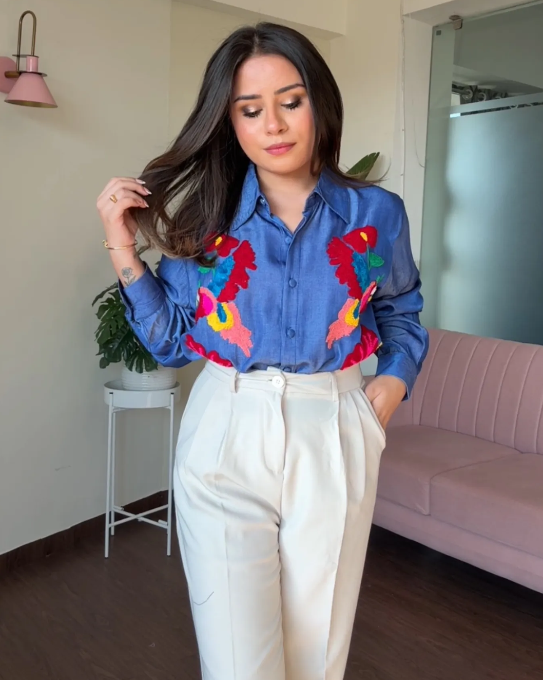 Denim Multicolor Embroidery Shirt