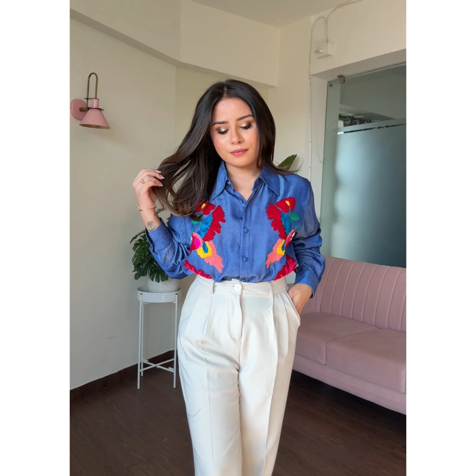 Denim Multicolor Embroidery Shirt