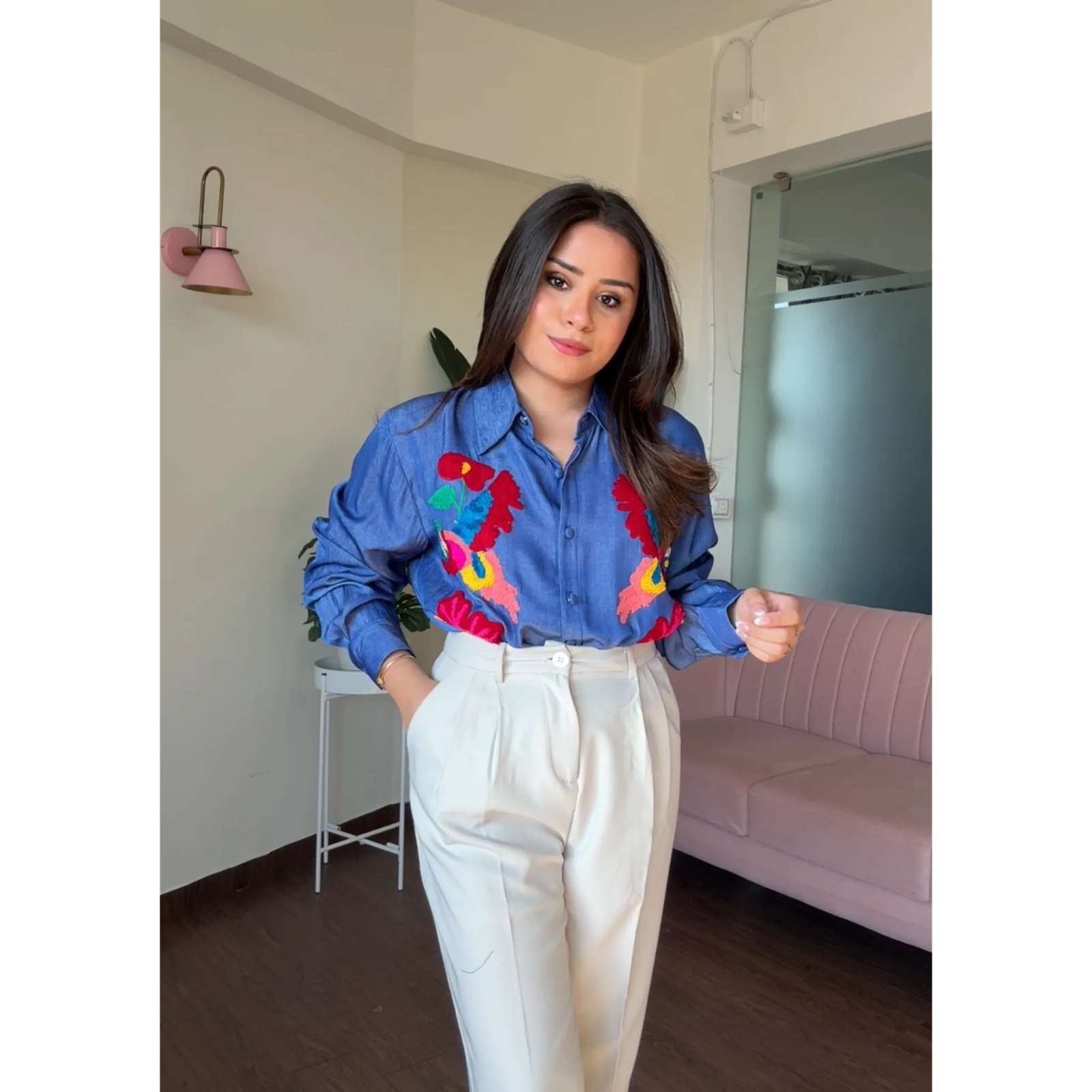 Denim Multicolor Embroidery Shirt