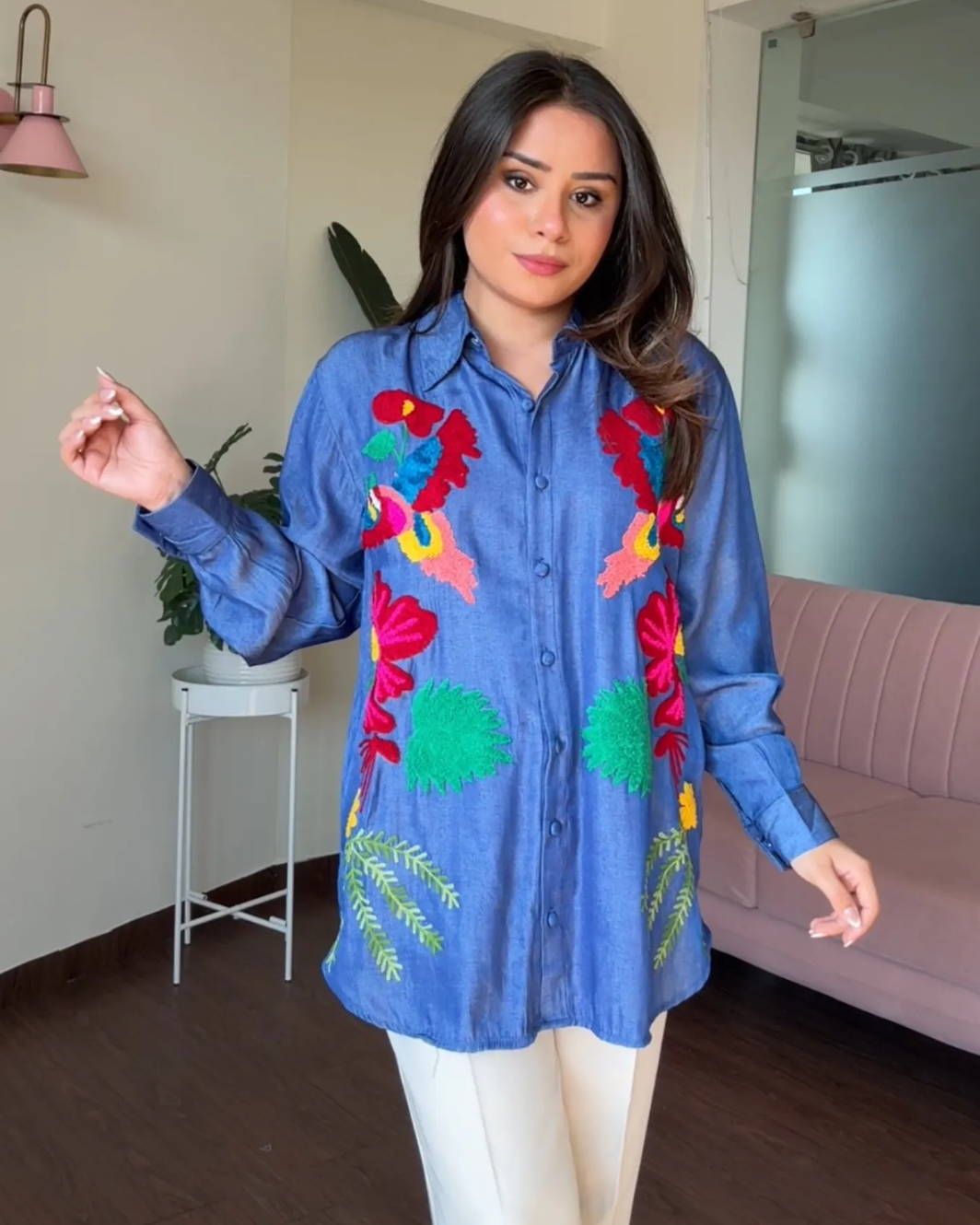 Denim Multicolor Embroidery Shirt