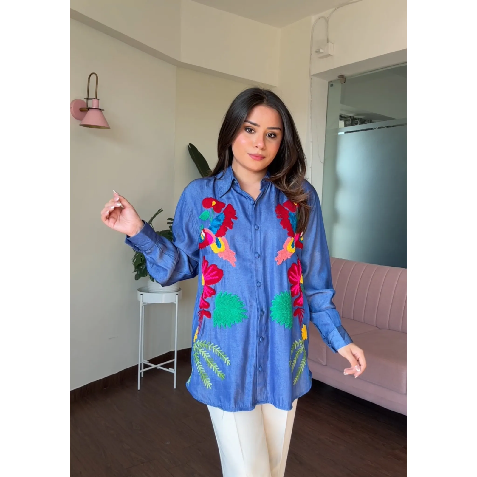 Denim Multicolor Embroidery Shirt