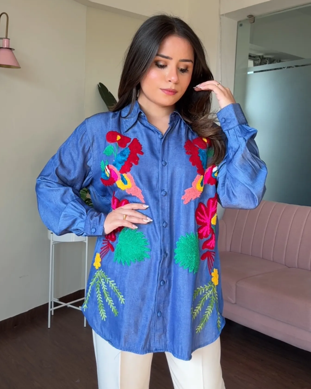 Denim Multicolor Embroidery Shirt