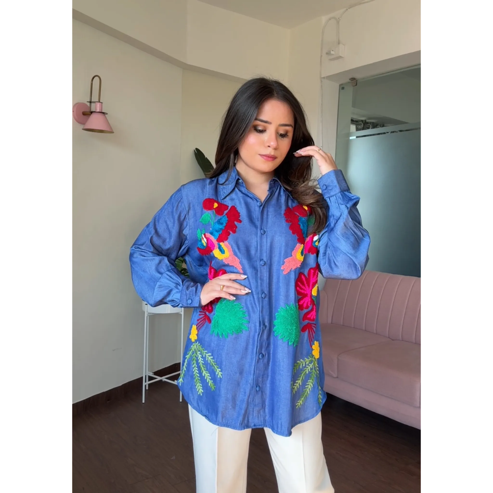 Denim Multicolor Embroidery Shirt