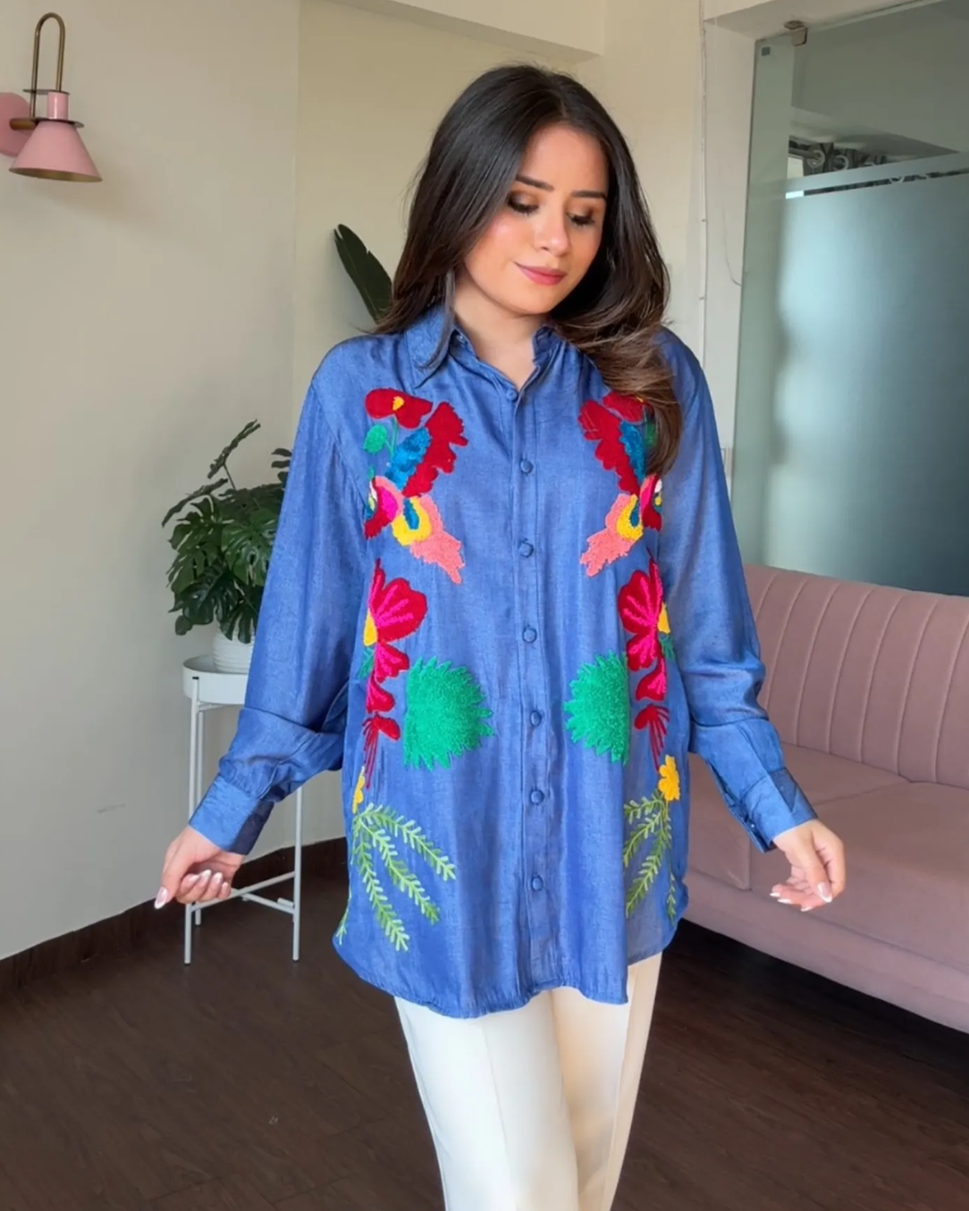 Denim Multicolor Embroidery Shirt
