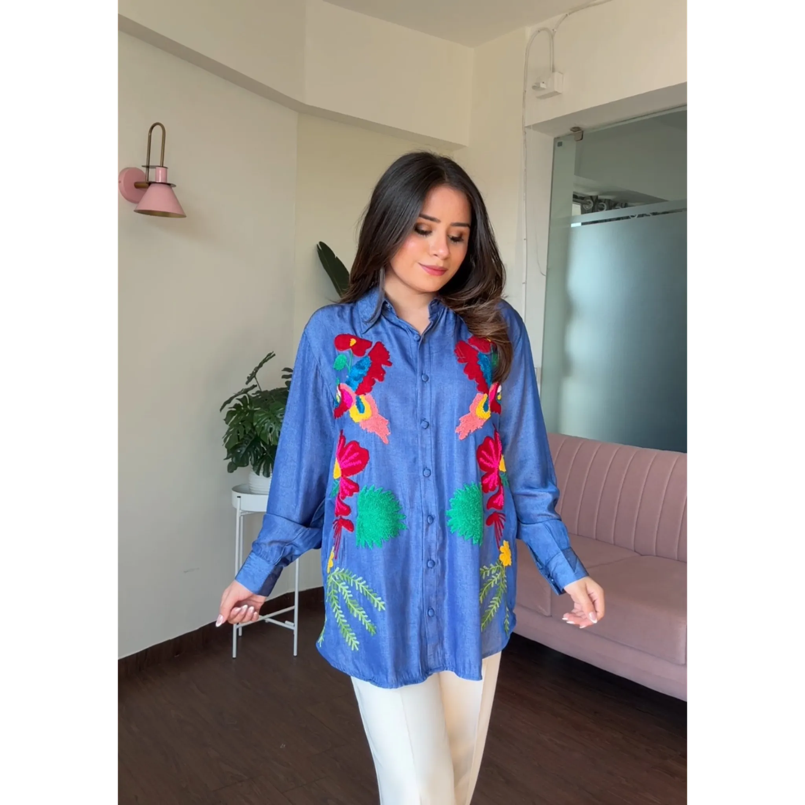 Denim Multicolor Embroidery Shirt