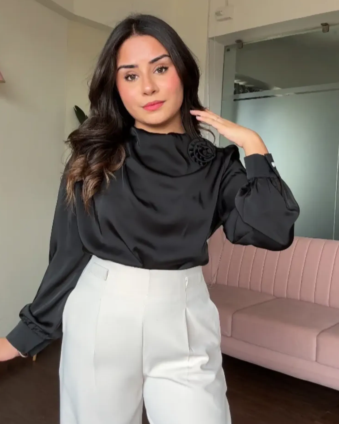 Draped Satin Blouse With Rose Attachment