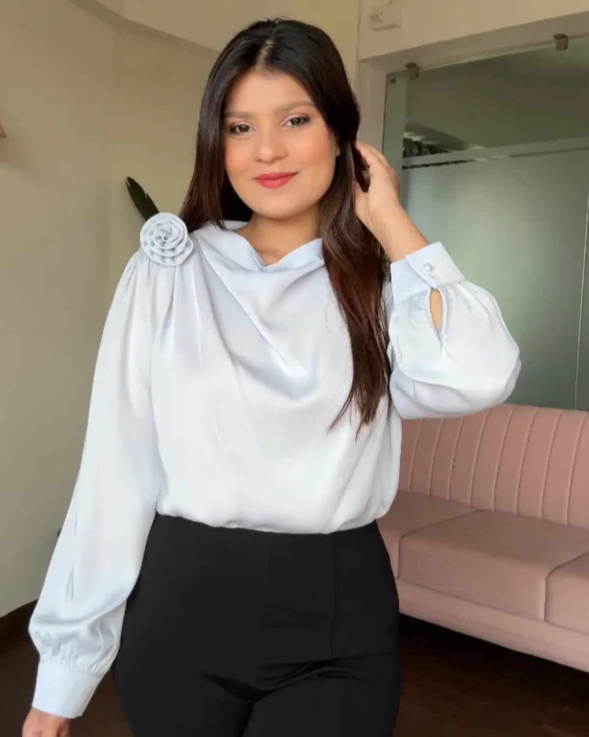 Draped Satin Blouse With Rose Attachment