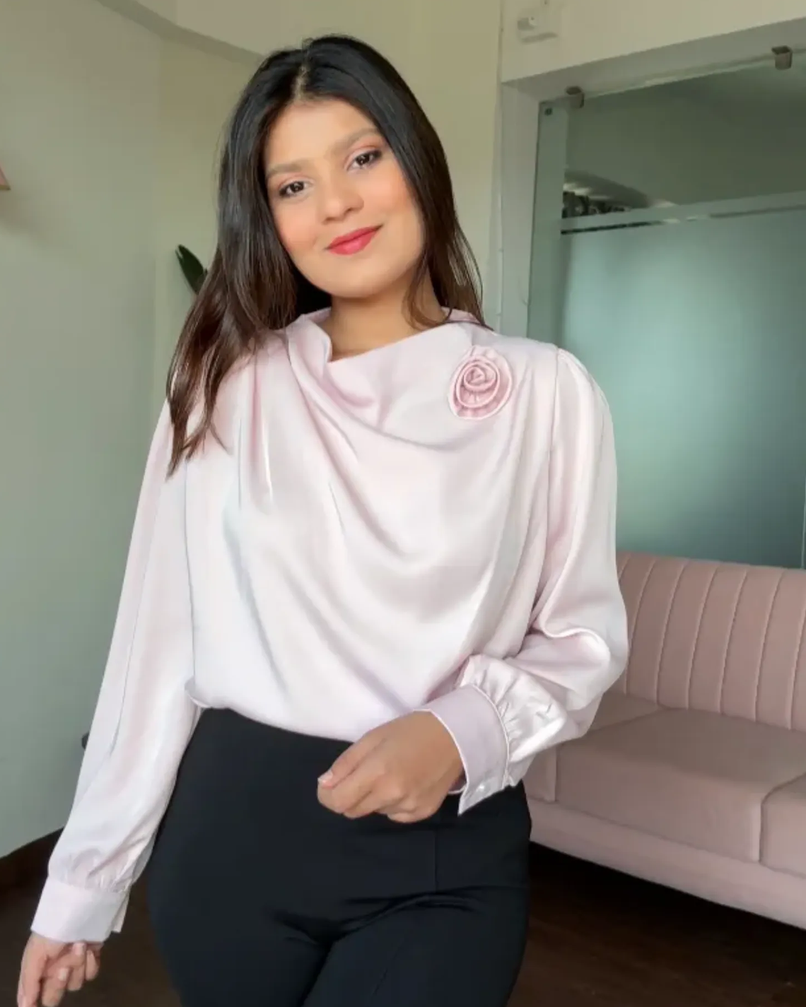 Draped Satin Blouse With Rose Attachment