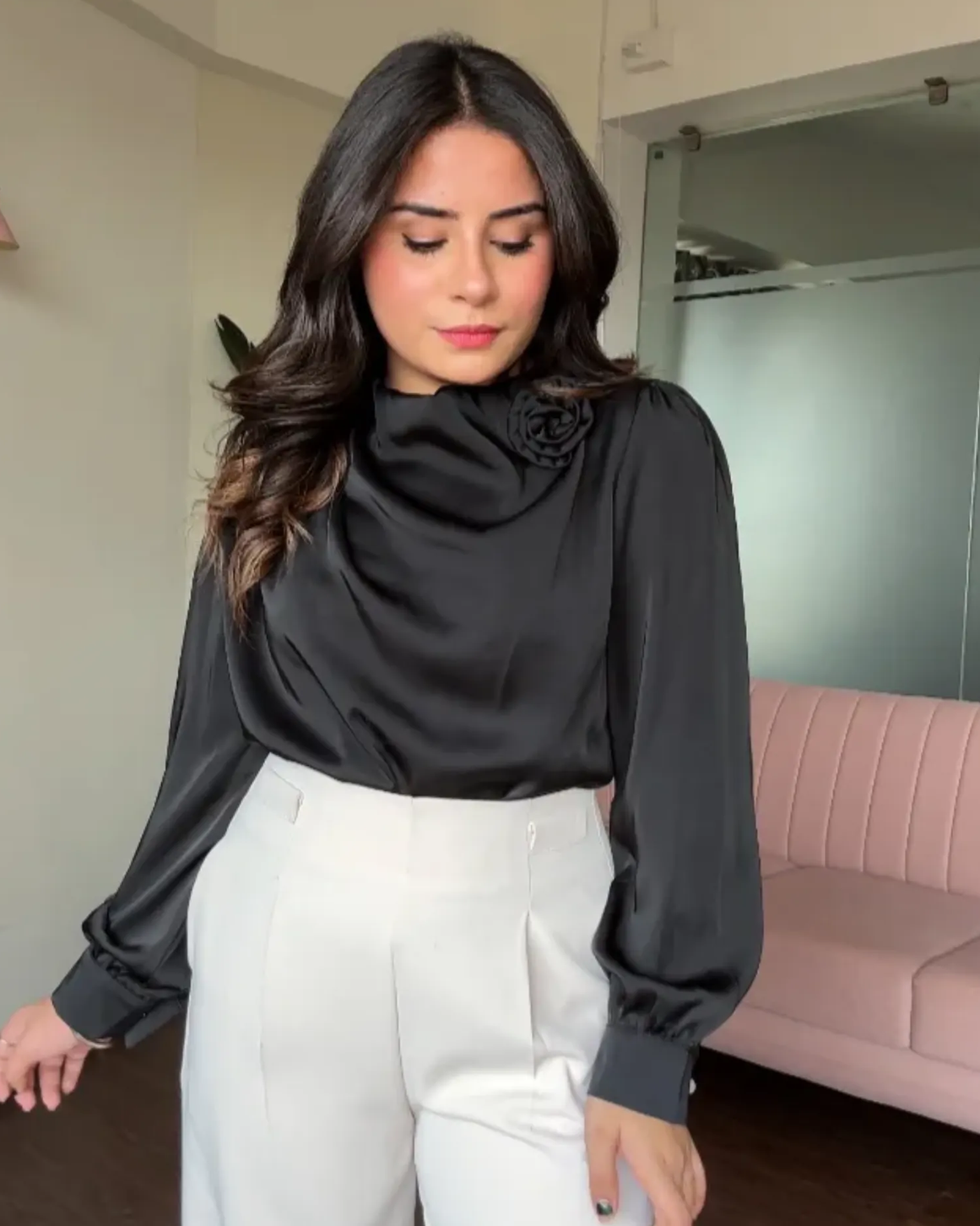 Draped Satin Blouse With Rose Attachment