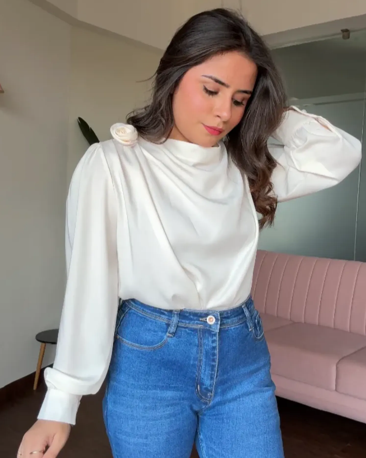 Draped Satin Blouse With Rose Attachment