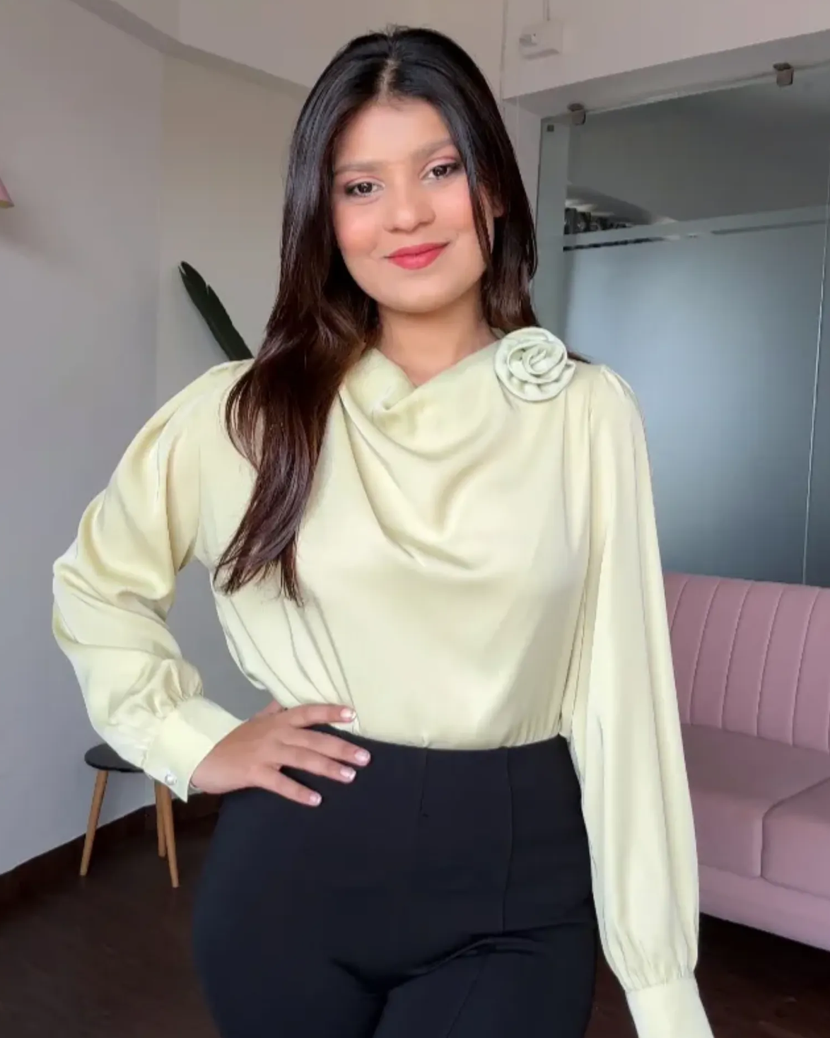 Draped Satin Blouse With Rose Attachment