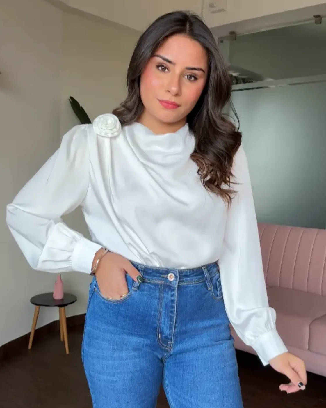 Draped Satin Blouse With Rose Attachment