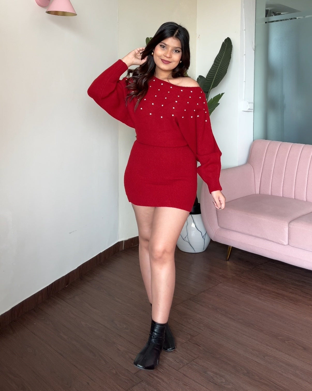 Drop Shoulder Stone Detailing Winter Sweater Dress