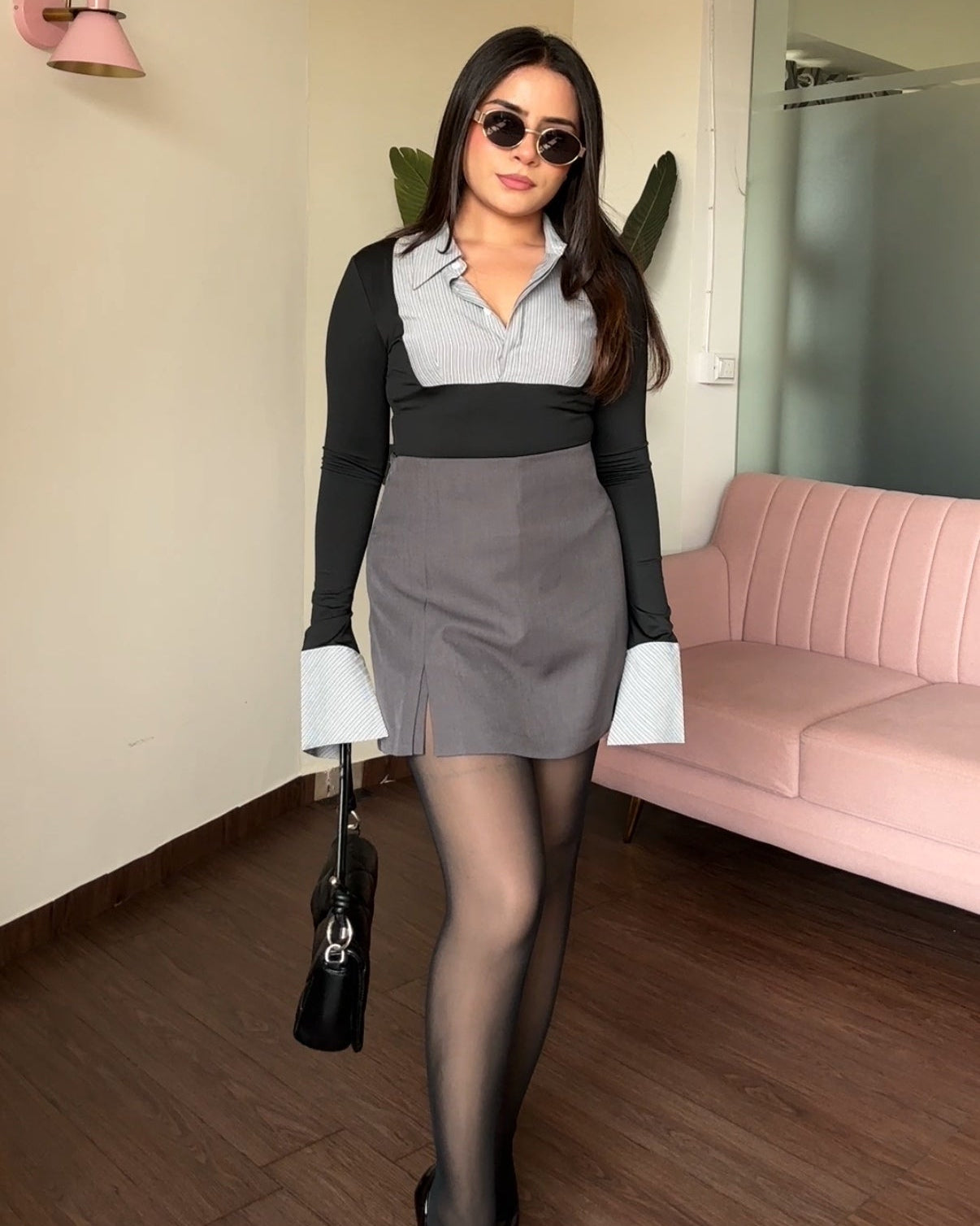 Dual Pattern Fitted Shirt Style Top